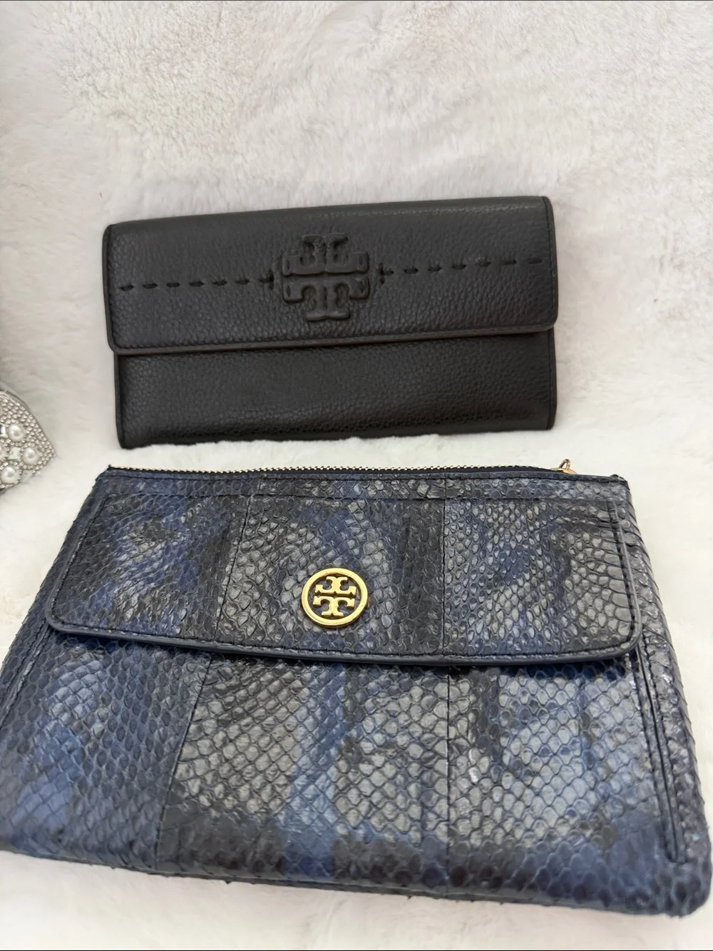 Tory Burch Black Leather Continental Wallet with Navy Snakeskin Zip Clutch
